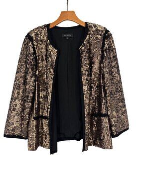 Talbots Womens Sequin Embellished Open Jacket Size 16 Gold Black